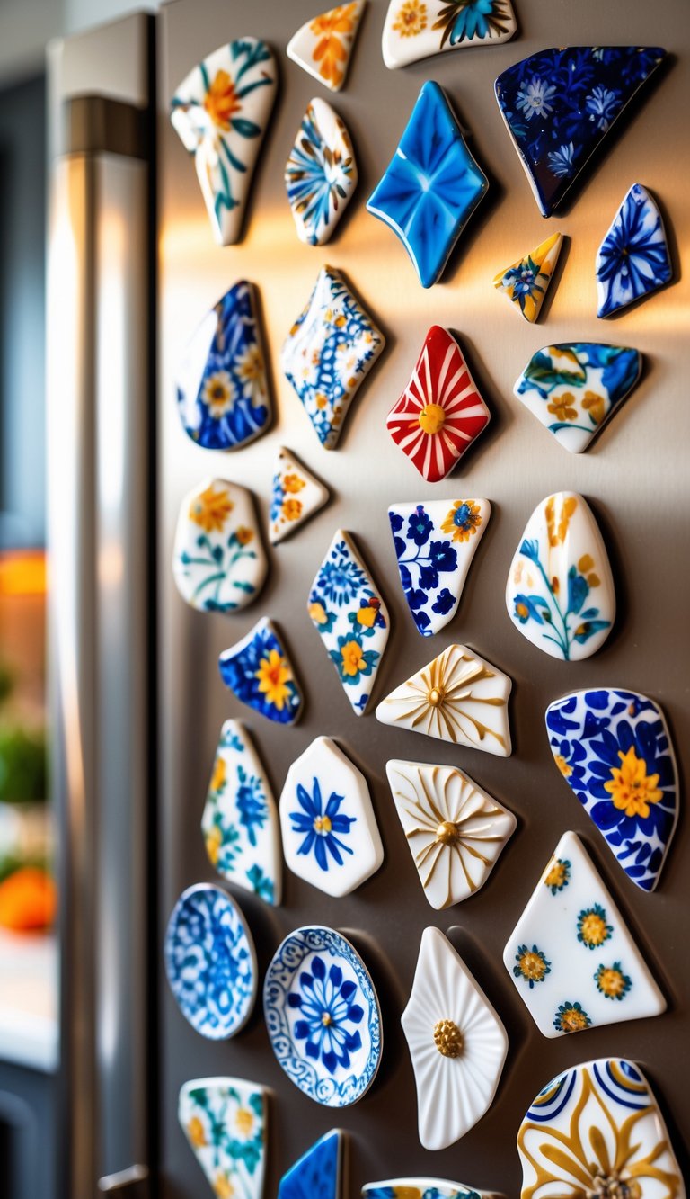A refrigerator door decorated with colorful fridge magnets made from broken china shards in various shapes and patterns.